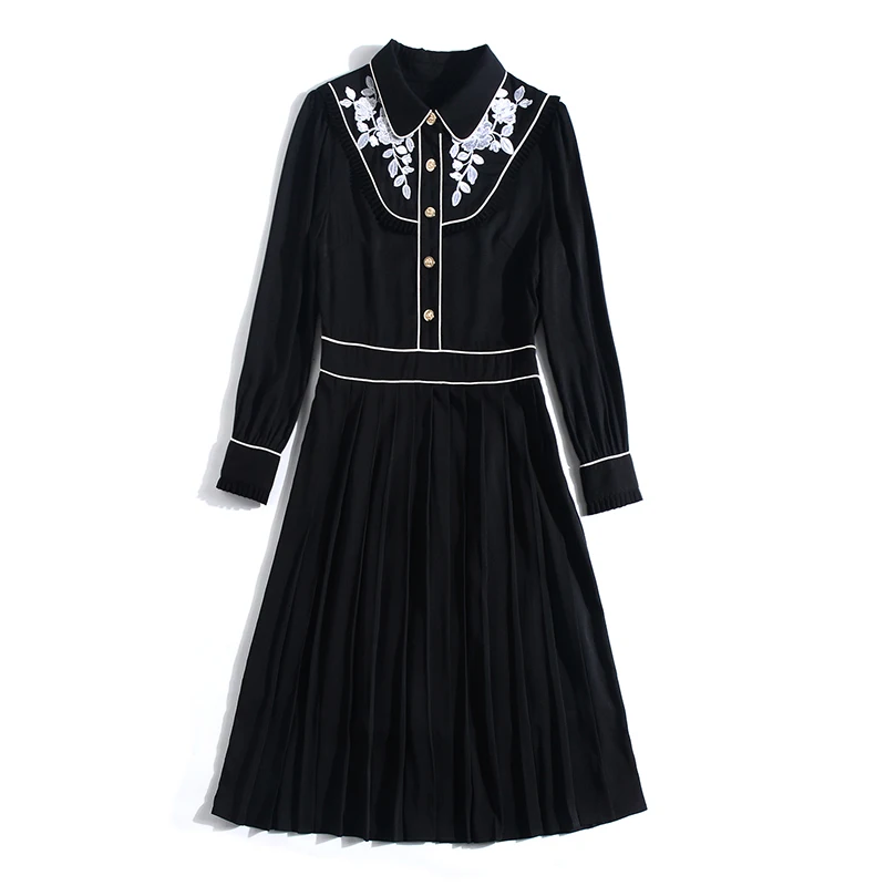 2019 Autumn Elegant Pleated Dress High Quality Fashion Full Sleeve Turn-down Collar Black | Женская одежда