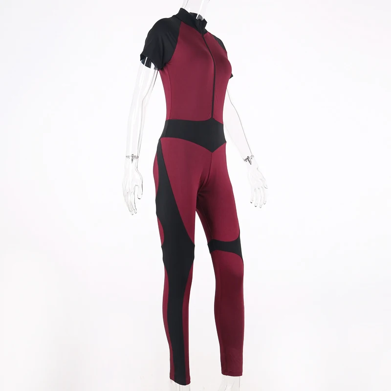 Hugcitar Лоскутная Высокая талия короткий рукав молния bodycon комбинезон осень woemn Мода эластичный тонкий уличная одежда bod