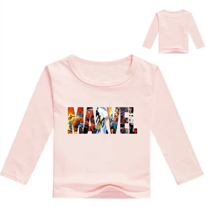 Pink Новая весенняя футболка для маленьких мальчиков с принтом из комиксов Marvel детская одежда детские футболки с длинными рукавами хлопковые топы с рисунками для девочек - Цвет: Pink