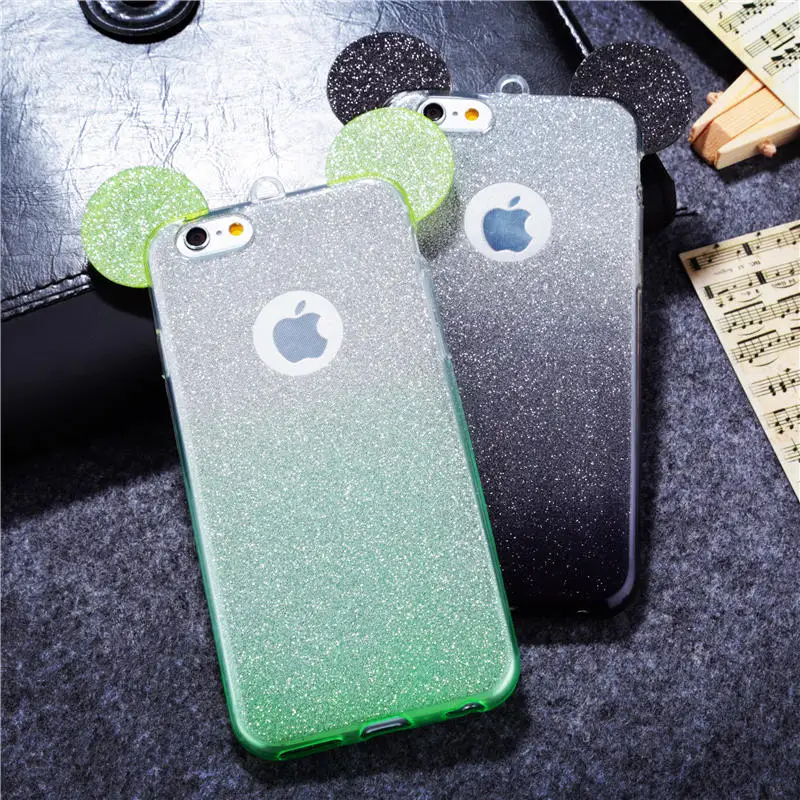 Shiny Soft TPU Phone Case For iPhone 6 6S 6Plus 6sPlus Cute 3D Mouse Ears Glitter Powder Gradient Colors Back Cover Hang Rope |