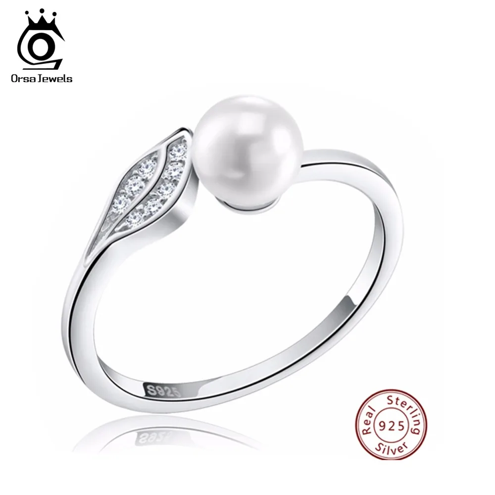 ORSA JEWELS Серебро 925 лист CZ кольца надежные с большим искусственным жемчугом Ювелирные изделия из стерлингового серебра для женщин SR16