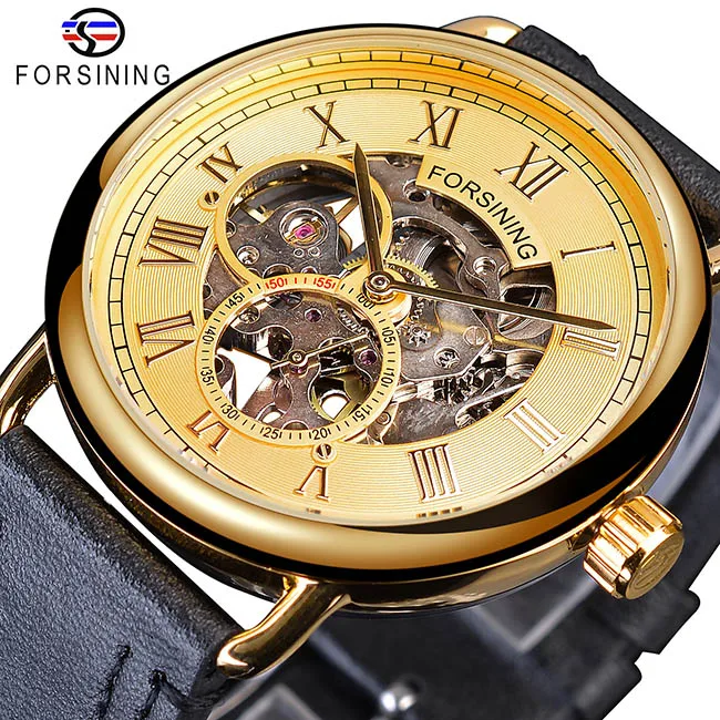 GMT1134-7Small Forsining Golden gear Move для мужчин t прозрачный чехол в римском стиле ретро дизайн для мужчин s Механический Скелет из натуральной кожи ремень для мужчин наручные часы - Цвет: GMT1134-7Small