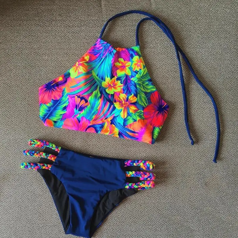 

Blue Halter Swimsuit Female High Neck Printed Bathing Suit Women Push Up Bikini Set Thong Swimwear Women Swim Beach Wear Biquini