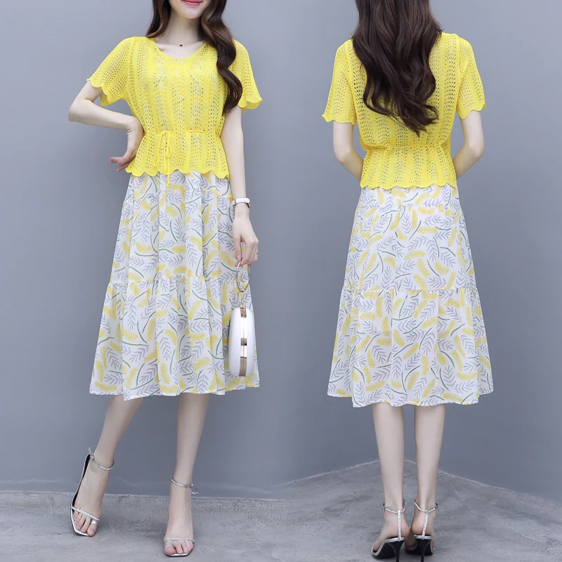 

summer floral print dress & knitted top blouse fairy France design fashion lady vestido 2 pcs clothing set outfit women clothes