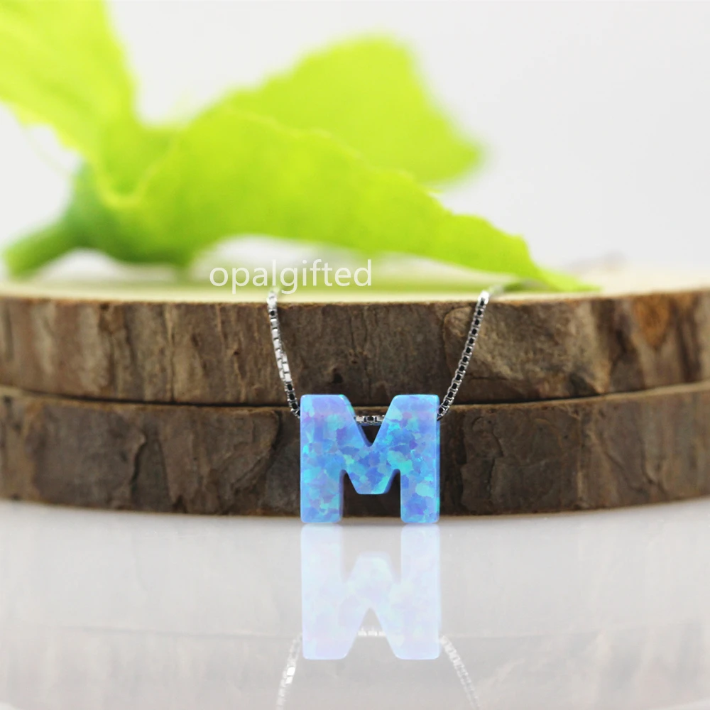 (1pc/lot)Free Shipping 10.8*10mm OP06 Fire Blue Synthetic letter M opal with 925 Silver box chain Fashion necklace | Украшения и