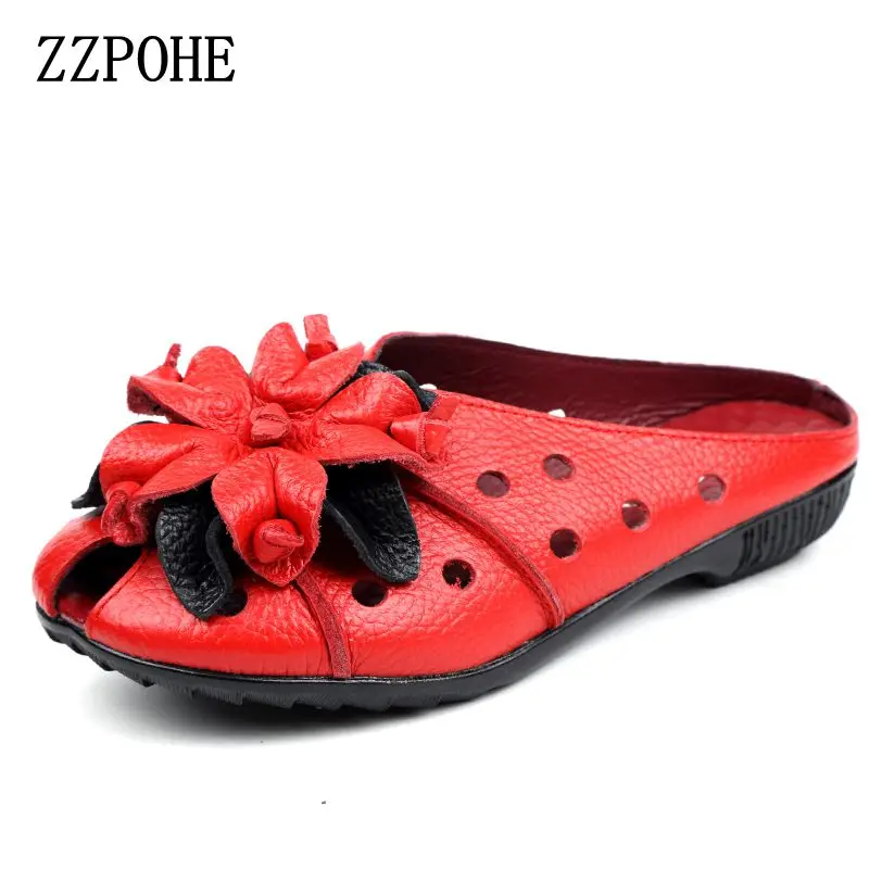 Сандалии ZZPOHE женские из мягкой кожи натуральная перфорированная плоская подошва