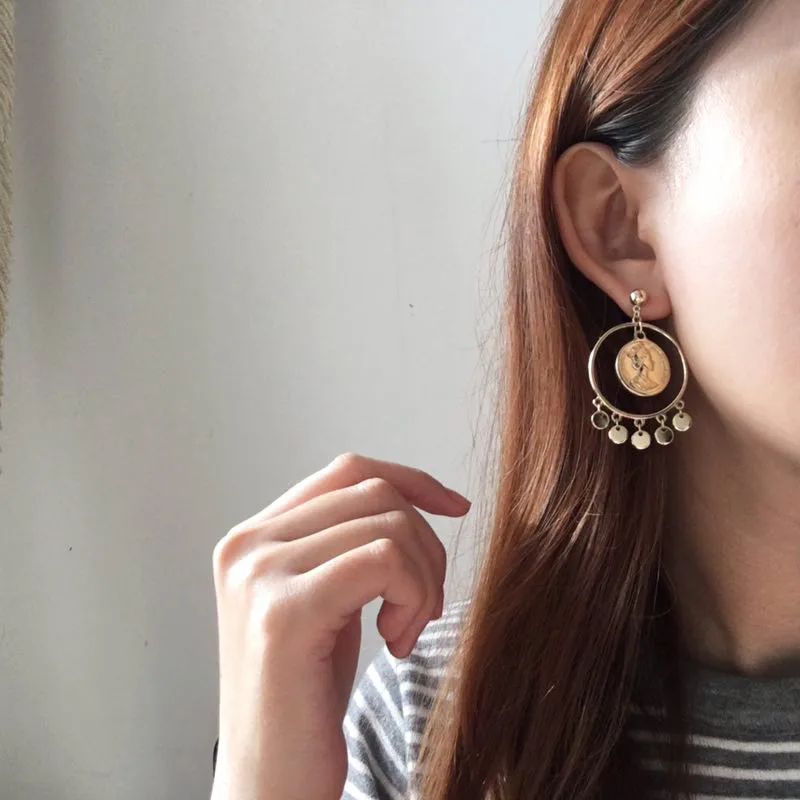 Панк золото головка монеты асимметричные серьги в виде капель для Для женщин