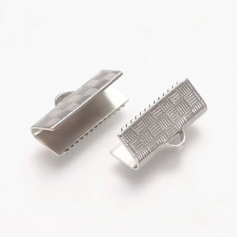 

500pcs Brass Ribbon Crimp End Jewelry Findings Supplies Accessories, Platinum Color, 15x8x1.5mm