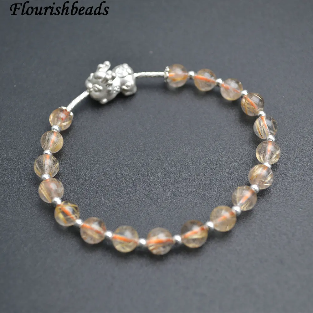 

Natural Gold Rutilated Quartz 6mm Round Beads Silver Money Pixiu Charm Stretch Bracelet for Woman