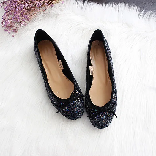 Black Glitter Милый тканый цехин лук змея персик лакированная кожа конфеты Мягкие балетные плоские женщины балерина обувь сверкание галстук-бабочка свернуть складываемый красивая Мода весенняя осень последние европейская отправка - Цвет: Black Glitter