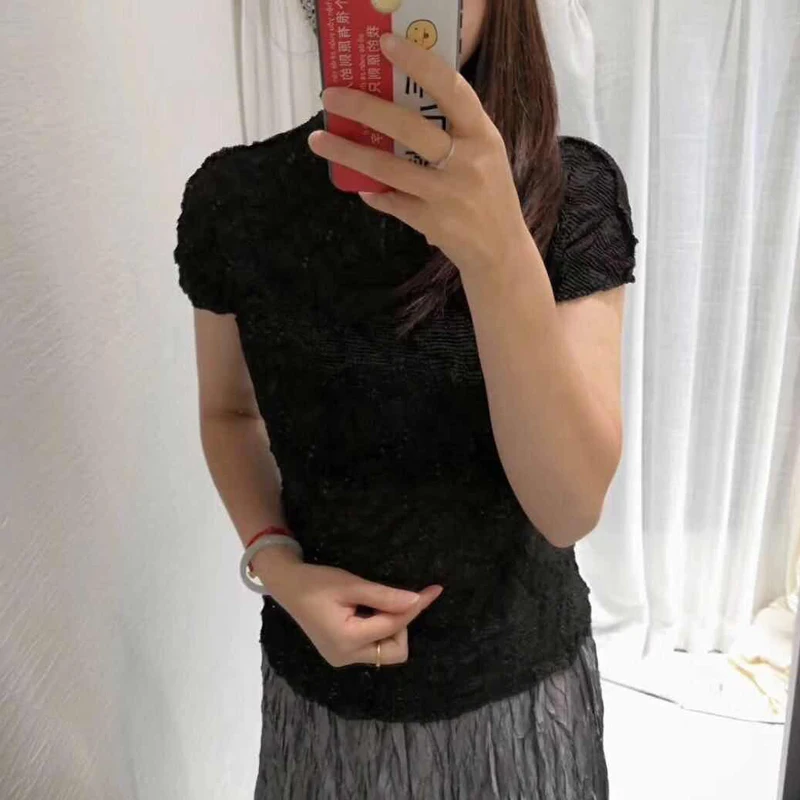 Changpleat летние новые женские футболки топы Miyak плиссированные модные со стоячим воротником Твердые с коротким рукавом большие эластичные женские футболки