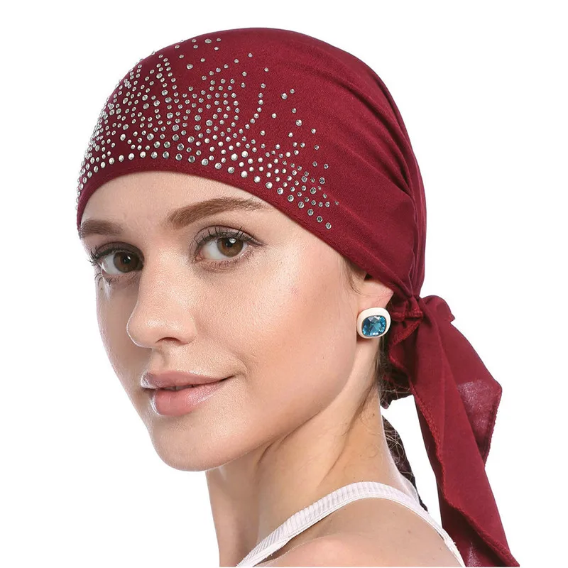 2 Fashion Women Headscarf Hat Thin Summer Muslim Inner Caps Solid Diamond Turban Bonnet Hijab India Head Wrap Hats For Ladies - Цвет: 2