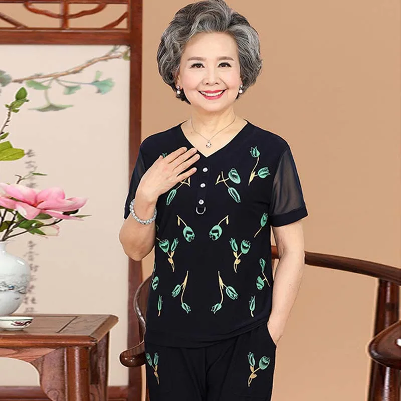 Среднего возраста Женская летняя обувь принтом костюм с коротким рукавом P8216 |