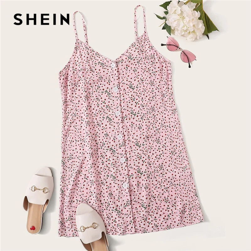 SHEIN Цветочное Платье На Бретелях С Пуговицами, Сарафан С Цветочным Принтом, Летнее Повседневное Прямое Платье