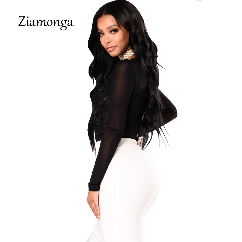 Ziamonga Sheer Mesh Applique кружевное сексуальное боди Женский v образный вырез с|elegant