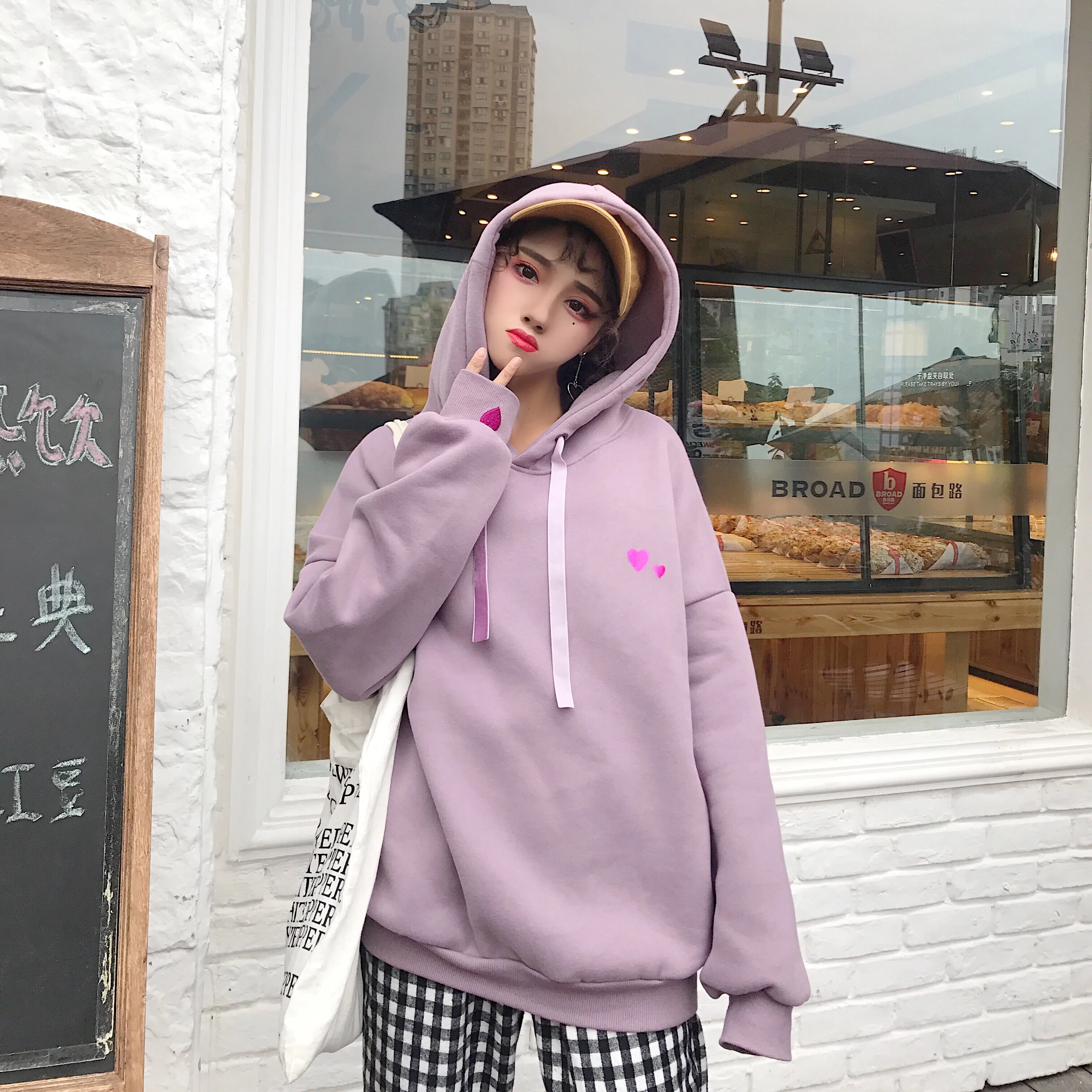 Harajuku толстовка женская осень зима корейский стиль милое сердце флис толстый с капюшоном длинным рукавом кофты Женские топы