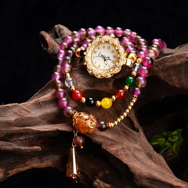 Новое поступление бренд Для женщин Природные Фиолетовый Кристалл Часы-браслет