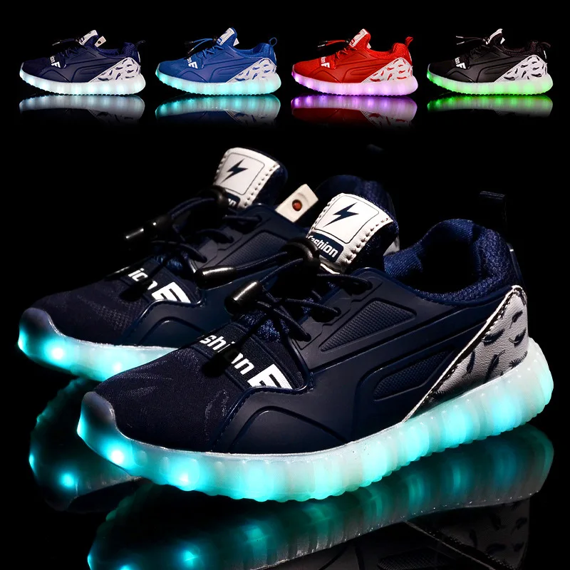LED Children Shoes With Light For Boys Lighted Girls Sports Kids USB Charge Breathable Glowing Sneakers 20 | Детская одежда и