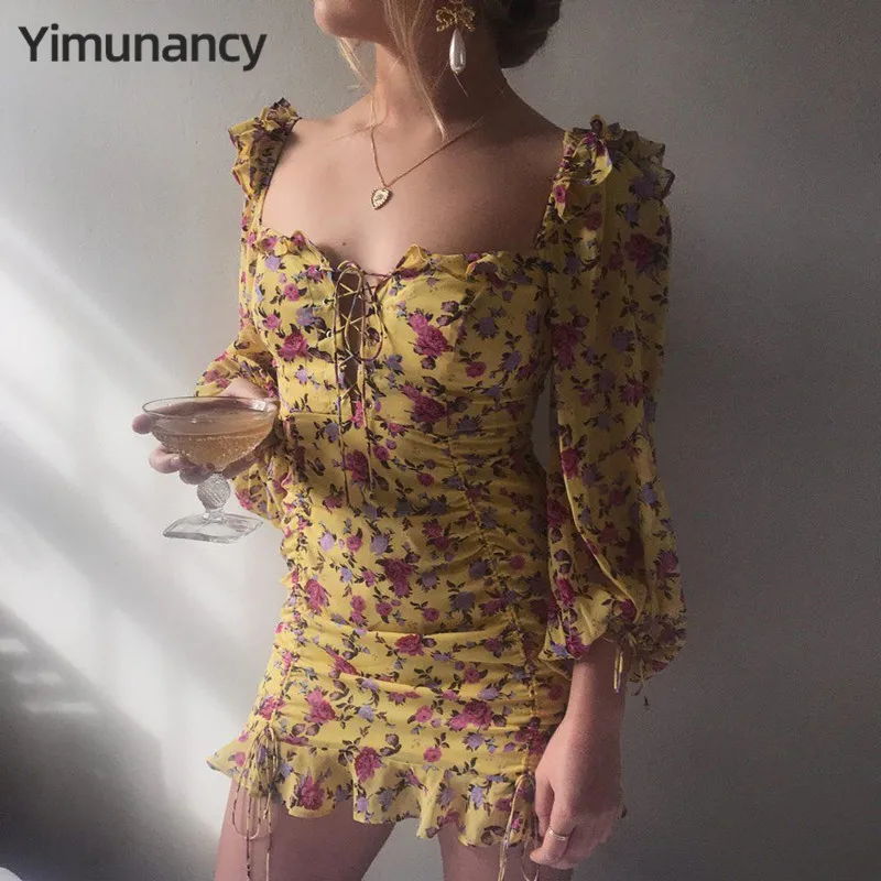 Yimunancy цветочное шифоновое платье женское модное платье Бохо С Рюшами женские праздничные платья vestidos