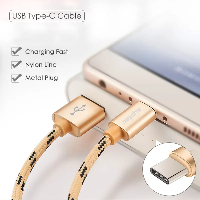 USB кабель SUPTEC Type C нейлоновый передачи данных для быстрой зарядки Samsung S8 S9 Huawei P10 P20