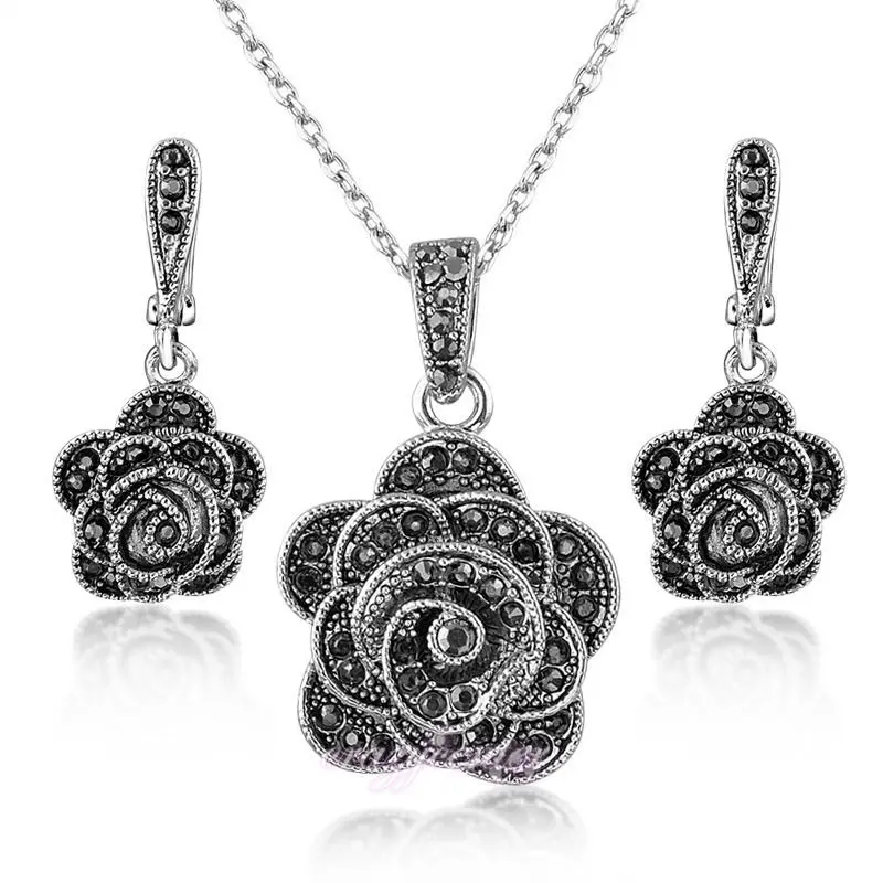 Набор ювелирных изделий из маркасита винтажное ожерелье с черной розой/серьги