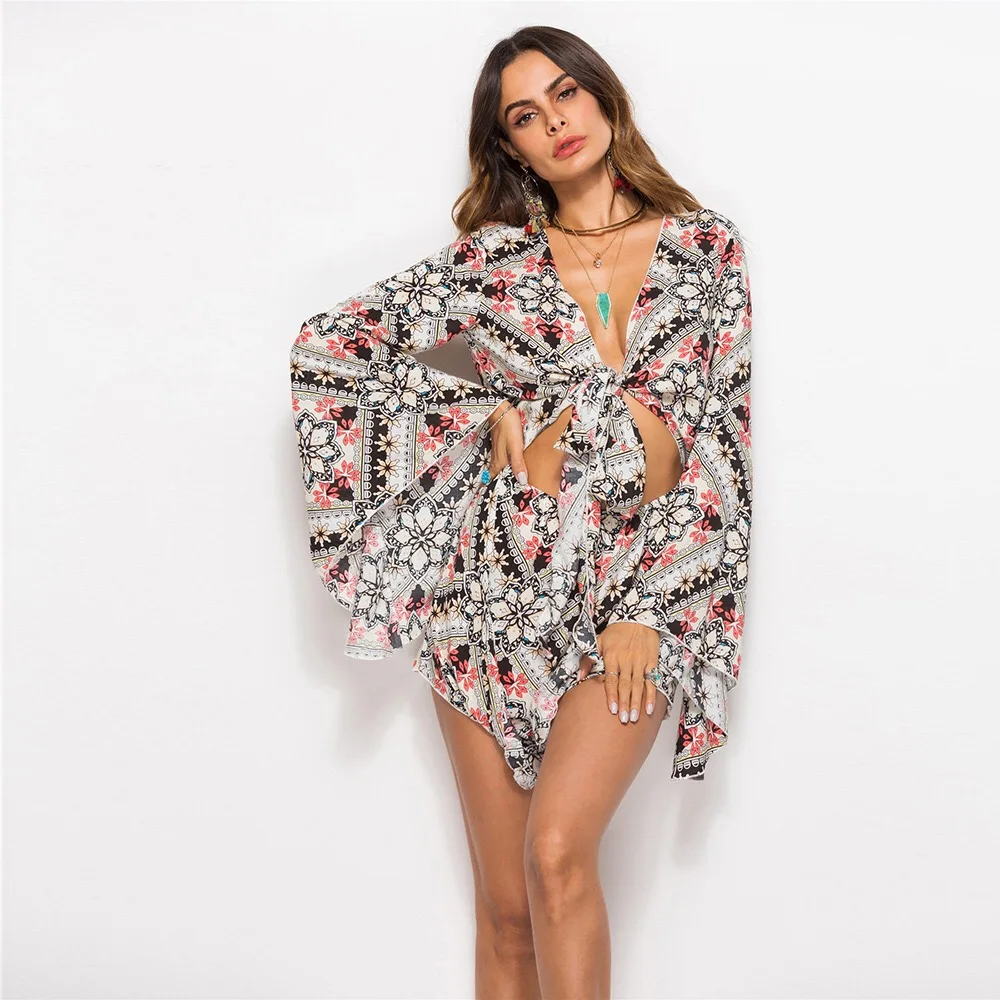 Женский 2019 Новый Boho комбинезон с растительным узором летний Повседневный стиль