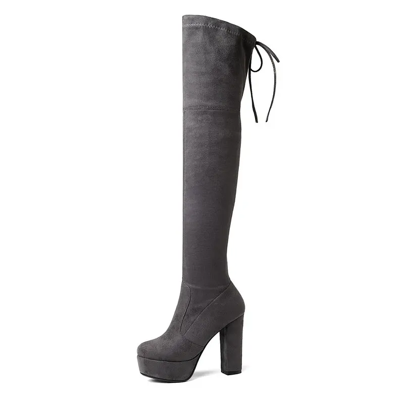 Темно-серый Platform Block Heel Stretch Boots Woman Fashion High Heel Suede Leather Over the Knee Boots Ladies High Heel Thigh Long Boots - Цвет: Темно-серый