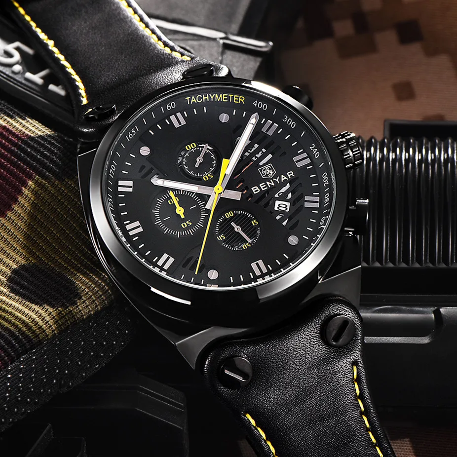 Мужские часы Reloj Hombre роскошный бренд BENYAR модные кожаные Кварцевые водонепроницаемые спортивные часы с хронографом Relogio Masculino