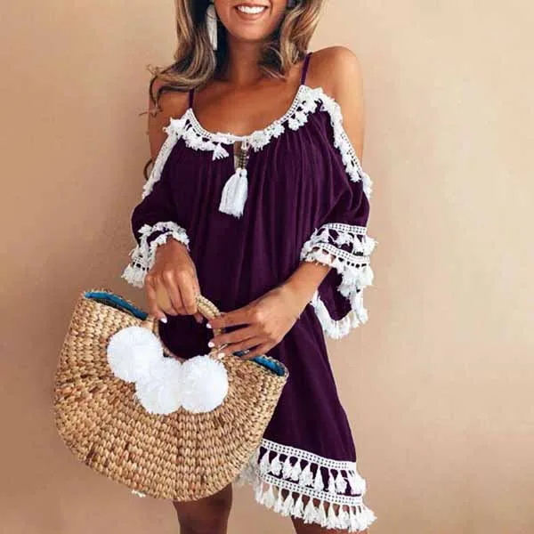 2019 Summer Women Short Dress Off Shoulder Party Tassel Bohemian Fashion Ethnic Style Beach Dresses | Женская одежда