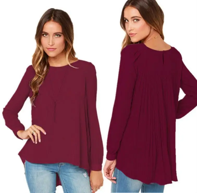 2018 модные женские блузки с длинным рукавом рубашки топ плиссированная шифоновая