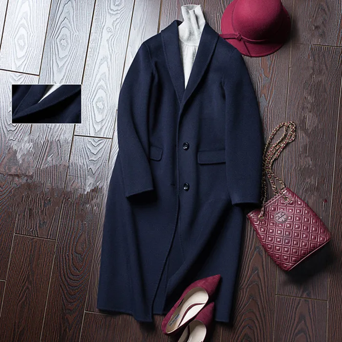 Dark Blue AYUNSUE новое осенне-зимнее двухстороннее шерстяное пальто для женщин средней длины Женская кашемировая куртка пальто шерстяные куртки casacos CS1701 - Цвет: Dark Blue