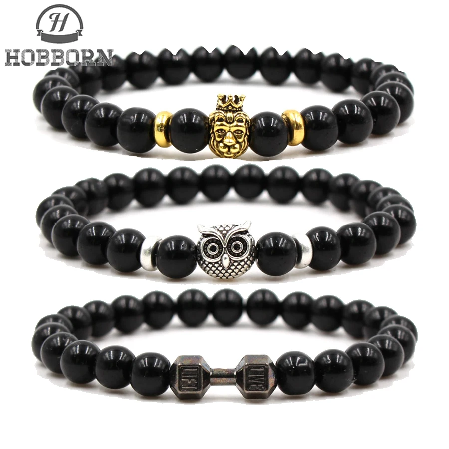 

HOBBORN Trendy Black Natural Stone Bracelet Women Men Buddha Head Owl Skull Leopard Dumbbell Charm Beads Bracelets Jewelry Gift