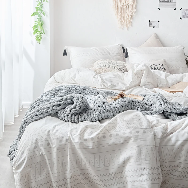 Pure Cotton Bedding Sets Bedclothes Zipper Set Modern Tasseled Duvet Cover Printed Queen | Дом и сад