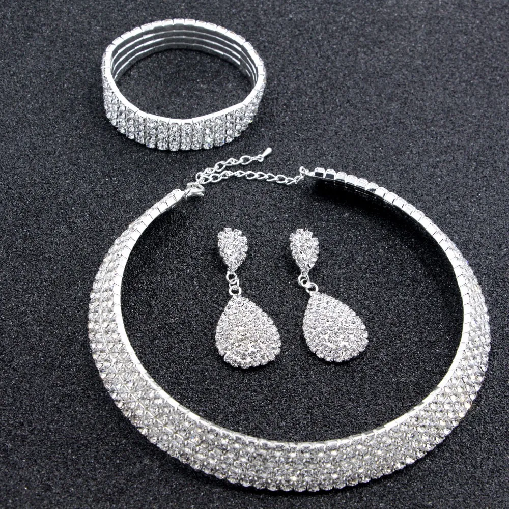Venda quente Classico de Noiva Strass Cristal Gargantilha Colar Brincos e Pulseira Conjuntos Joias Casamento Acessorios|colar brinco|conjunto