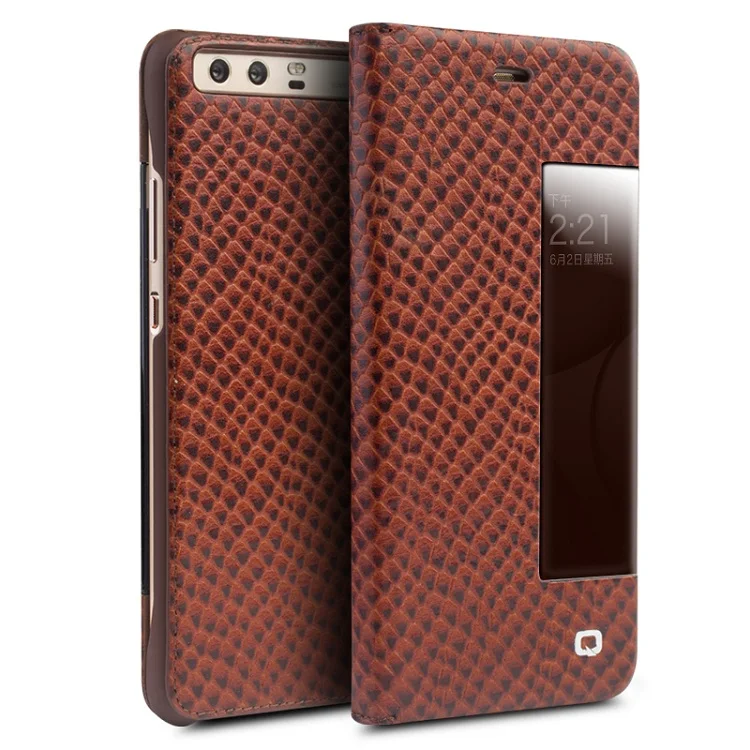 Dragon scale brown Чехол QIALINO из натуральной кожи с умным окошком и Откидывающейся Крышкой для huawei Ascend P10, чехол для huawei P10 Plus с функцией сна и пробуждения - Цвет: Dragon scale brown