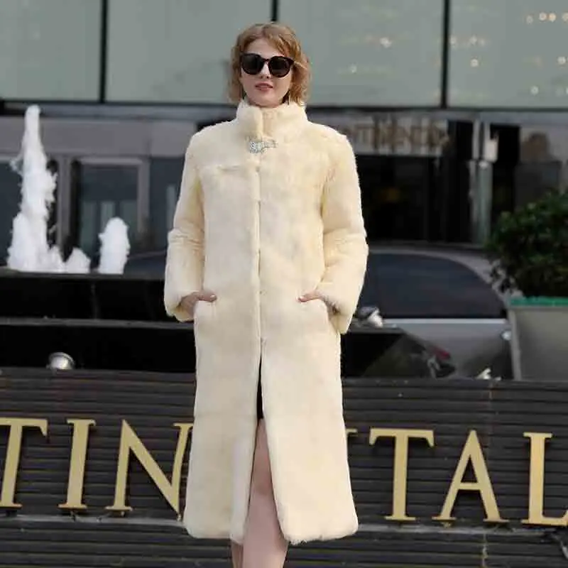 Beige Полный Pelt реальный длинный настроить плюс размер и любой цвет подлинный пальто из меха кролика женская меховая верхняя одежда wsr383 - Цвет: Beige