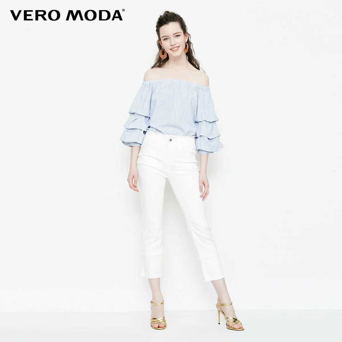Vero Moda Весна Лето Новый эластичный вырез лодочкой слоистых полосатые топы рубашка