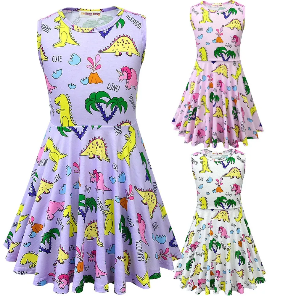 2019 Summer New Girls Dress Sleeveless Princess Ball Gown Cartoon Dinosaur Print Cute for Baby |