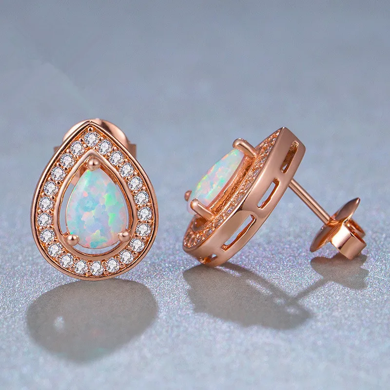 Myelo New Luxury Brand Exquisite Rose Gold Opal Earrings Cubic Zirconia TearDrop Stud For Women Girl Wedding Jewelry | Украшения и