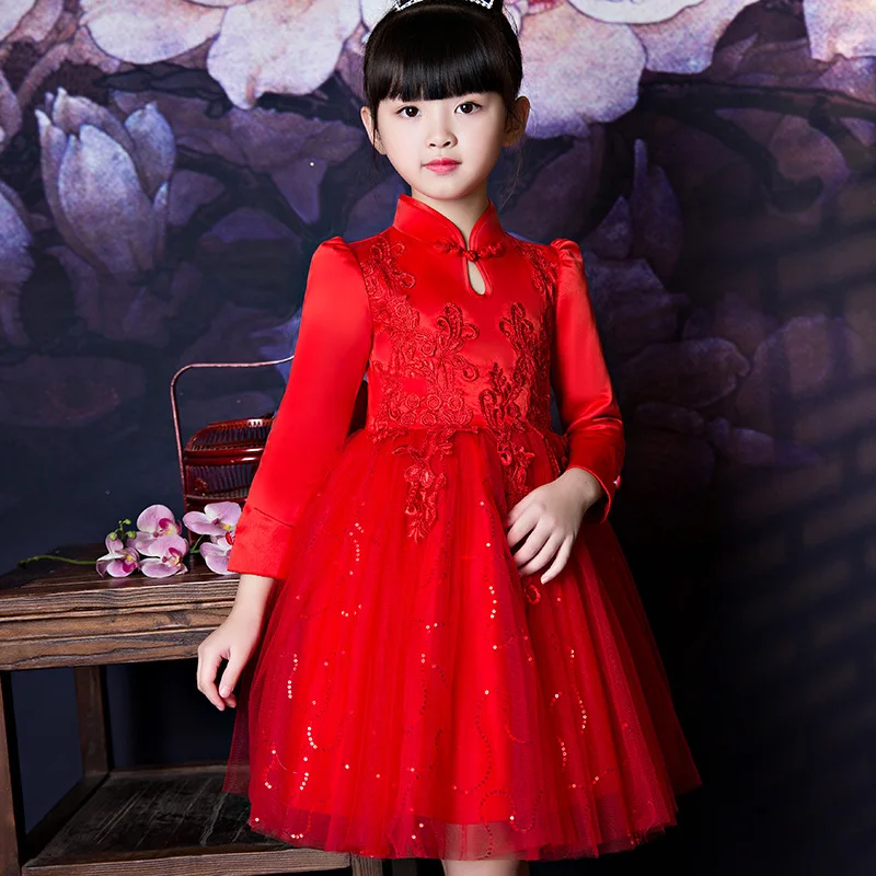 

Китайский новогодний костюм для девочек с цветами Qipao, кружевное красное свадебное платье-Ципао с длинным рукавом, детское платье для вечеринки в честь Дня Рождения