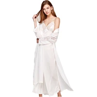 sexy sling dress sleeping robe two piece faux silk sleepwear women elegant lady lace long sleeve nightgowns bathrobes t0008