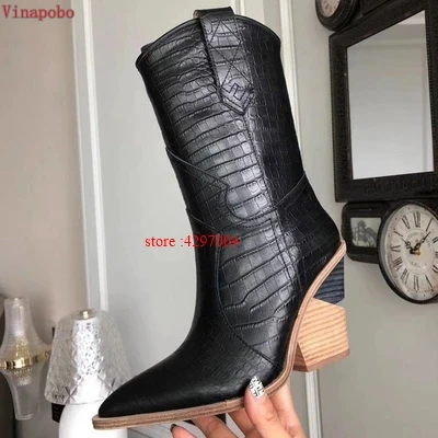 Fashion Cowboy Ankle Boots Women Shoes Pu Leather Wedge Chunky High Heel Boots Snake Print Western Cowgirl Boots Black PINK - Цвет: as the picture