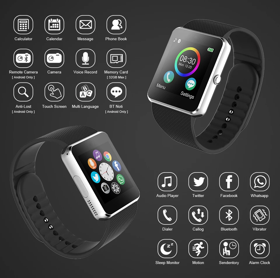 Bluetooth Smart часы Для мужчин GT08 с Сенсорный экран большой Батарея Поддержка сим-карта