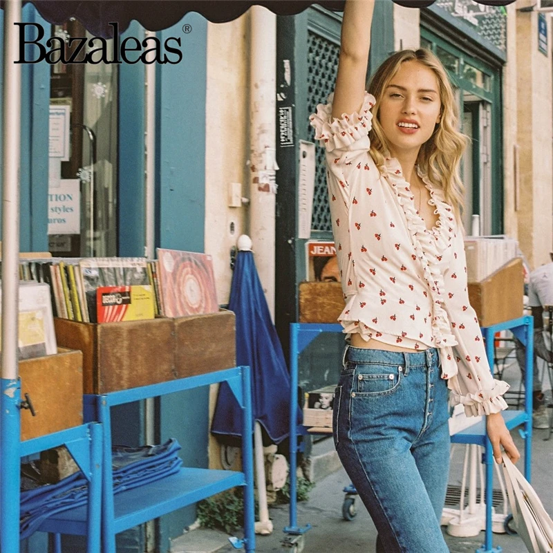 Bazaleas Вишневый топ с принтом гофрированная feminina blusas Повседневная Блузка с v-образным вырезом с пуговицами блузка женская блуза