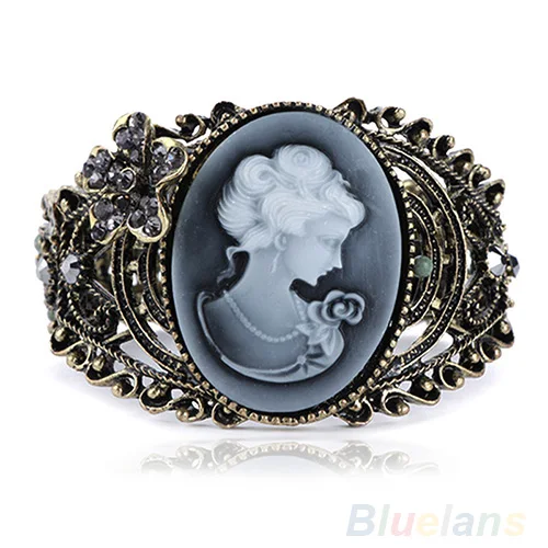 

Vintage Bronze Relief Carved Cameo Statue Queen Bangle Bracelet Rhinestones 7DYR