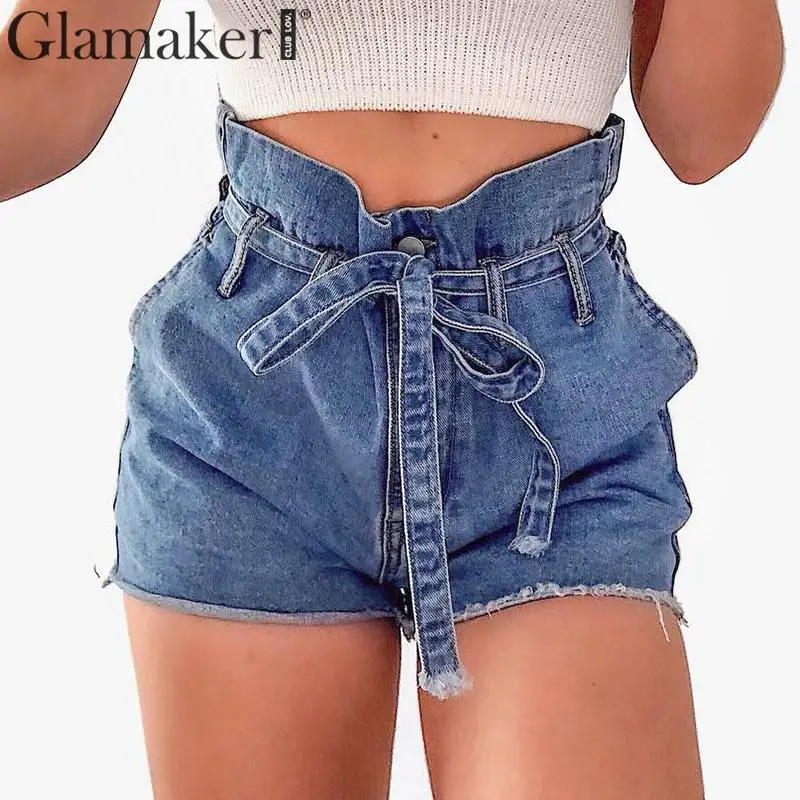 Женские джинсовые шорты Glamaker синие с карманами и высокой талией уличная одежда