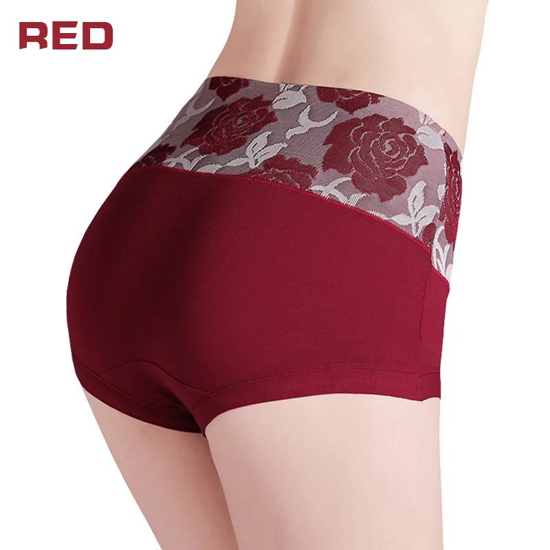 Wine red WLSD, женские трусики с высокой талией, милый Принт, женские трусы, мягкий хлопок, женское белье для здоровья, сексуальное женское нижнее белье для похудения, большой размер XXL - Цвет: Wine red