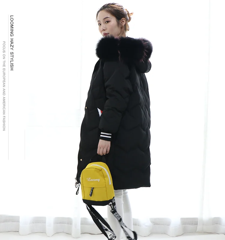 AYUNSUE White Duck Down Jacket Women for Winter Fox Big Fur Collar Black Long Coat Parkas Chaquetas Invierno Mujer KJ492