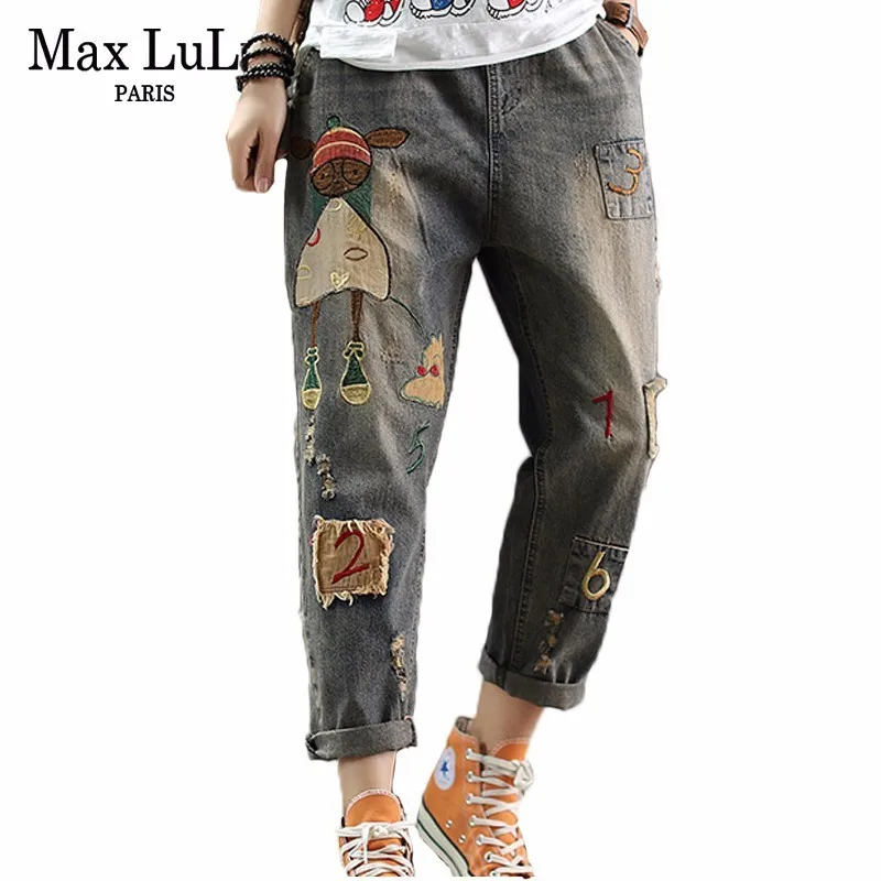 Max LuLu, летняя мода, корейский стиль, женские прямые брюки, женские Винтажные эластичные джинсы, Панк вышивка, Синие рваные брюки