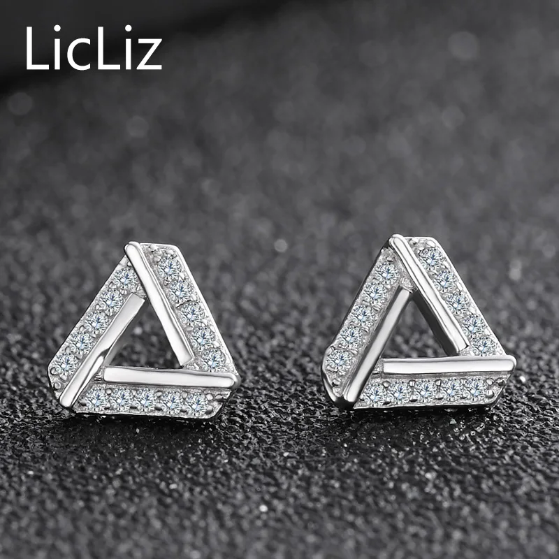 LicLiz 925 Sterling Silver Triangle Earrings For Women Post Ear Piercing Studs Geometric Pave Cubic Zirconia Stud Earings LE0338 | Украшения